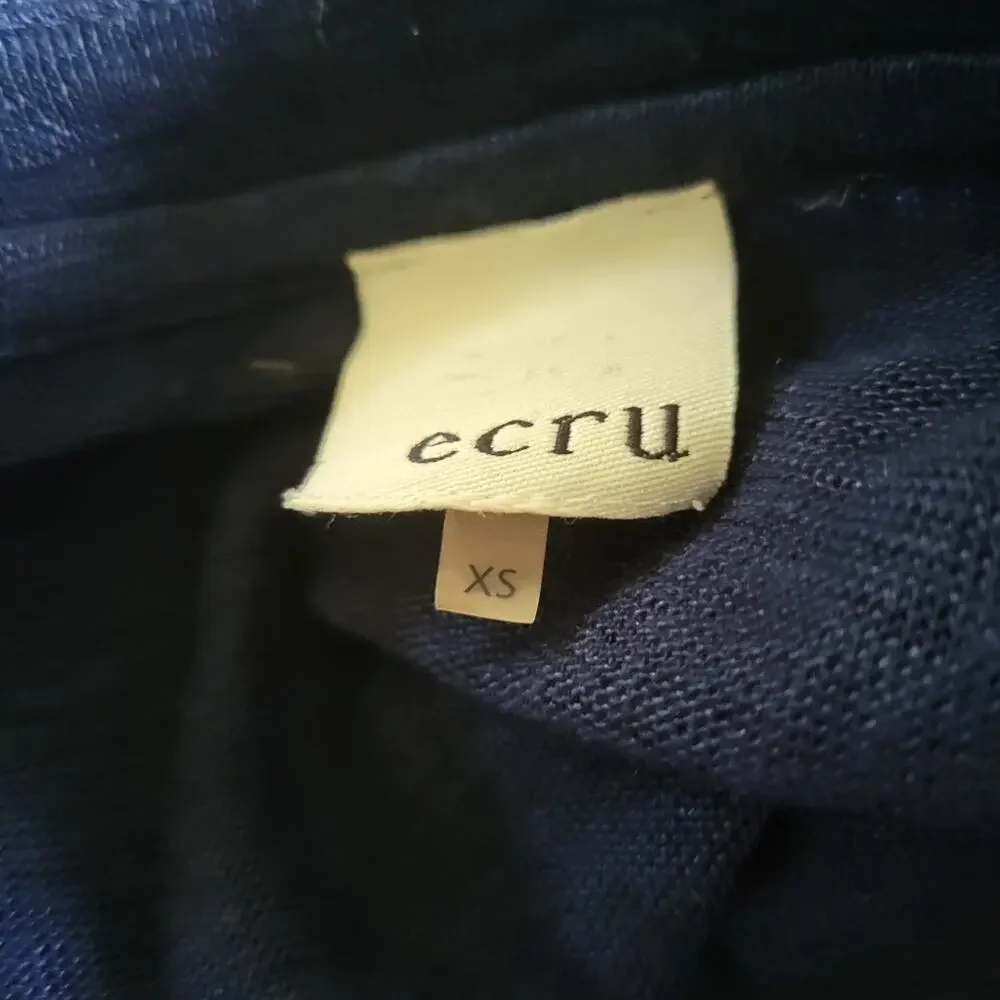 XS Ecru Genuine Suede Leather & Linen Navy Blue V-neck Cardigan Sweater
